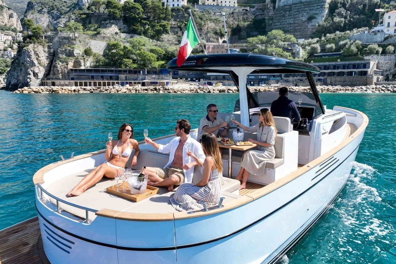 The sun deck of a gozzo boat ready for guests