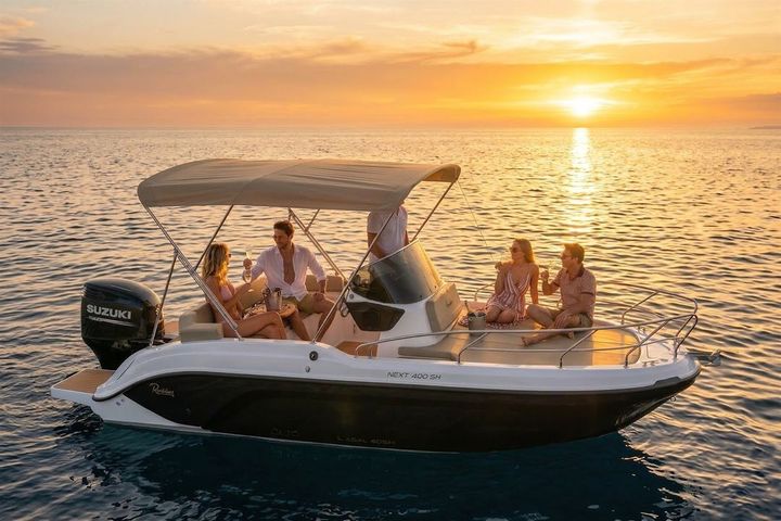 The Ranieri 24 at golden hour with guests aboard