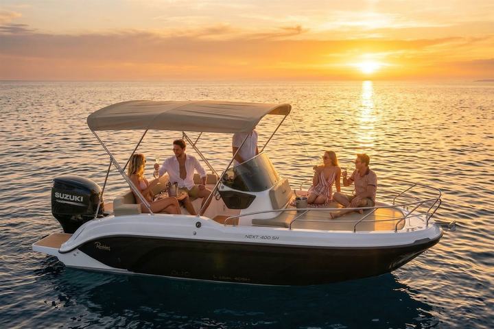 The Ranieri 24 at golden hour with guests aboard